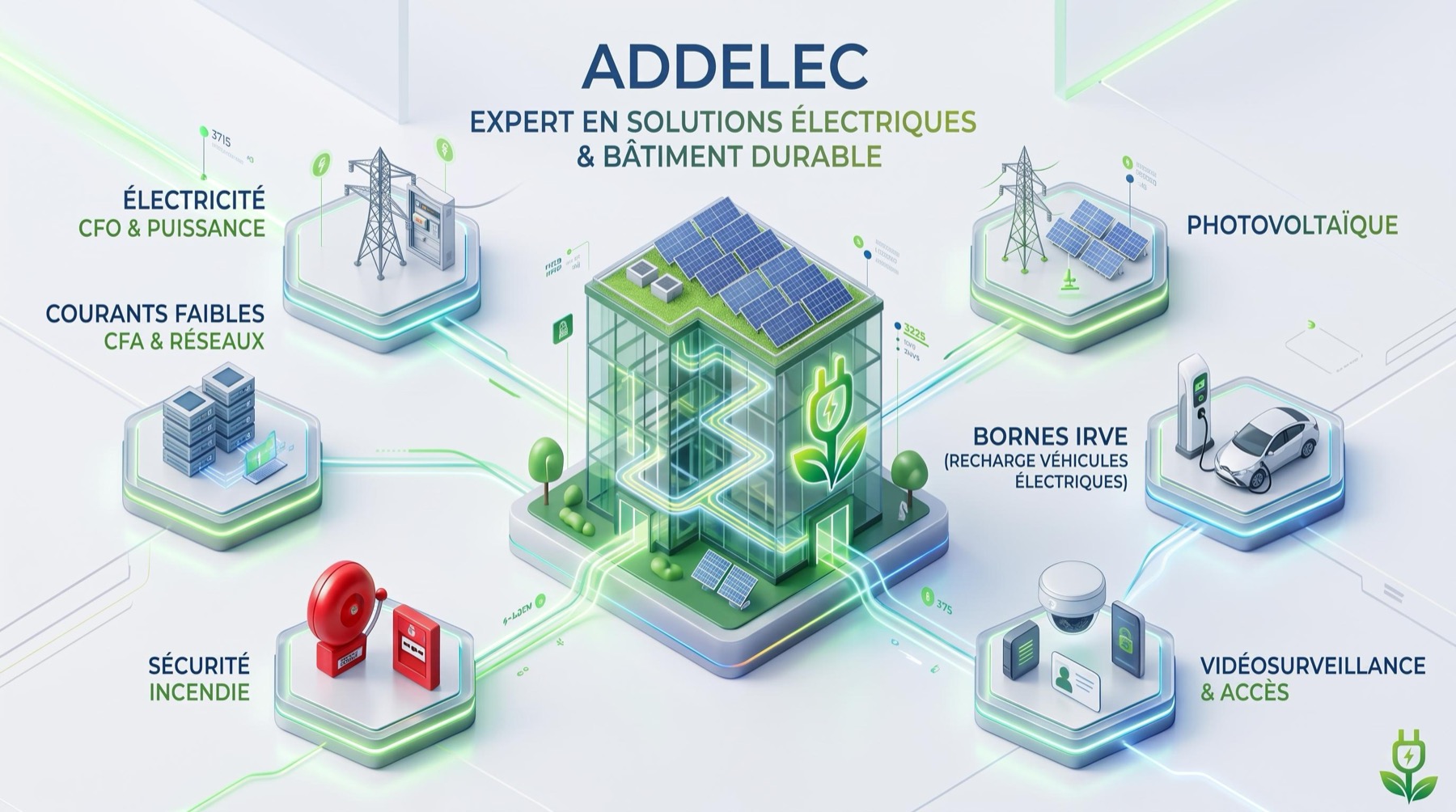 Les expertises ADDELEC : bornes IRVE, vidéosurveillance et accès, électricité CFO, courants faibles, sécurité incendie, photovoltaïque
